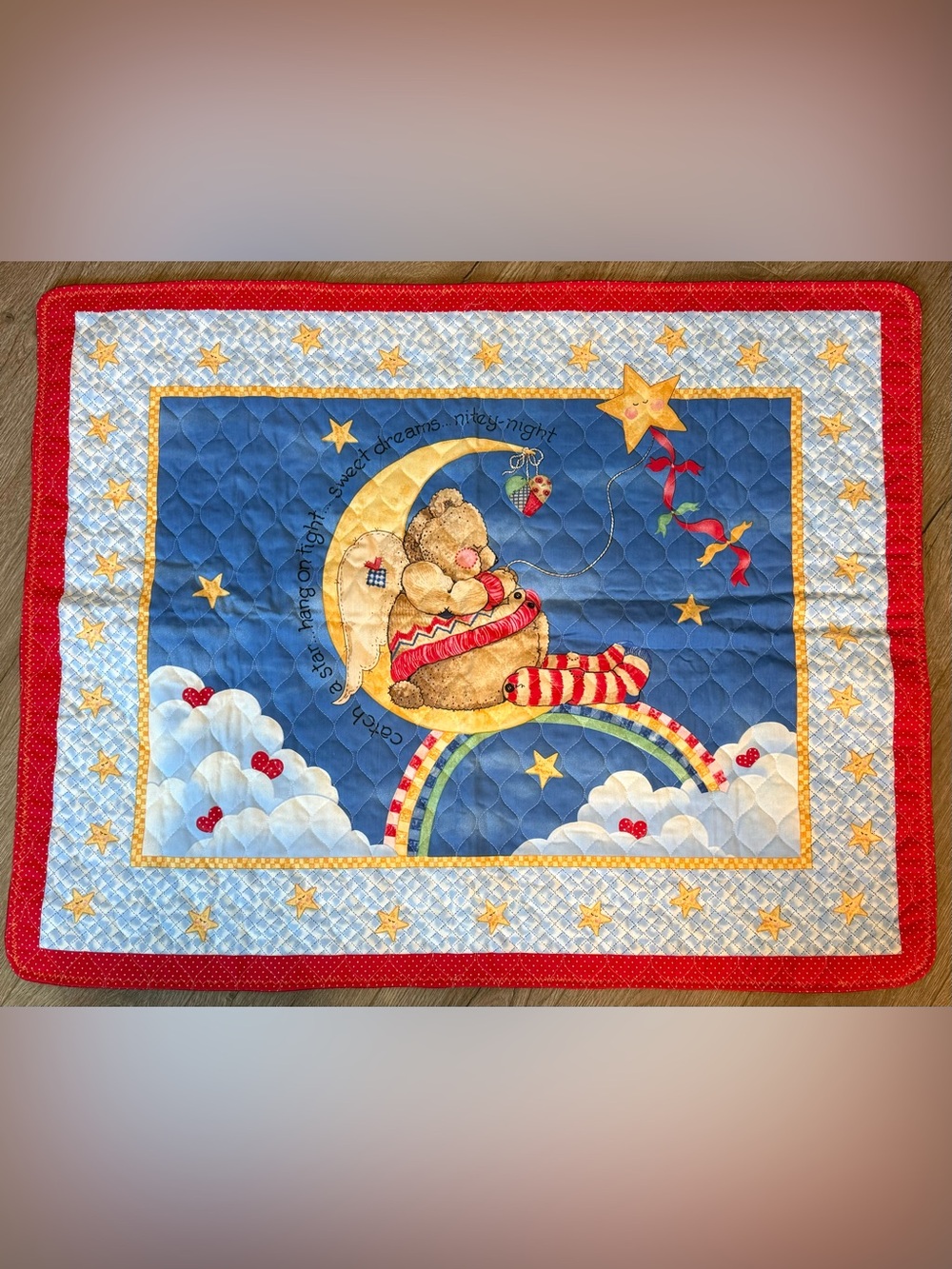 Handmade Teddy Bear Baby Quilt Blanket Stars 42x33